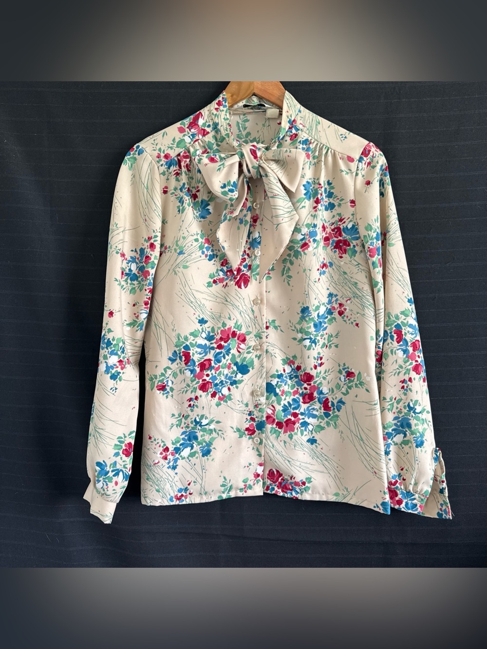 Cottagecore Sweetbriar tan red blue floral long sleeve blouse tie neck 12 Modest